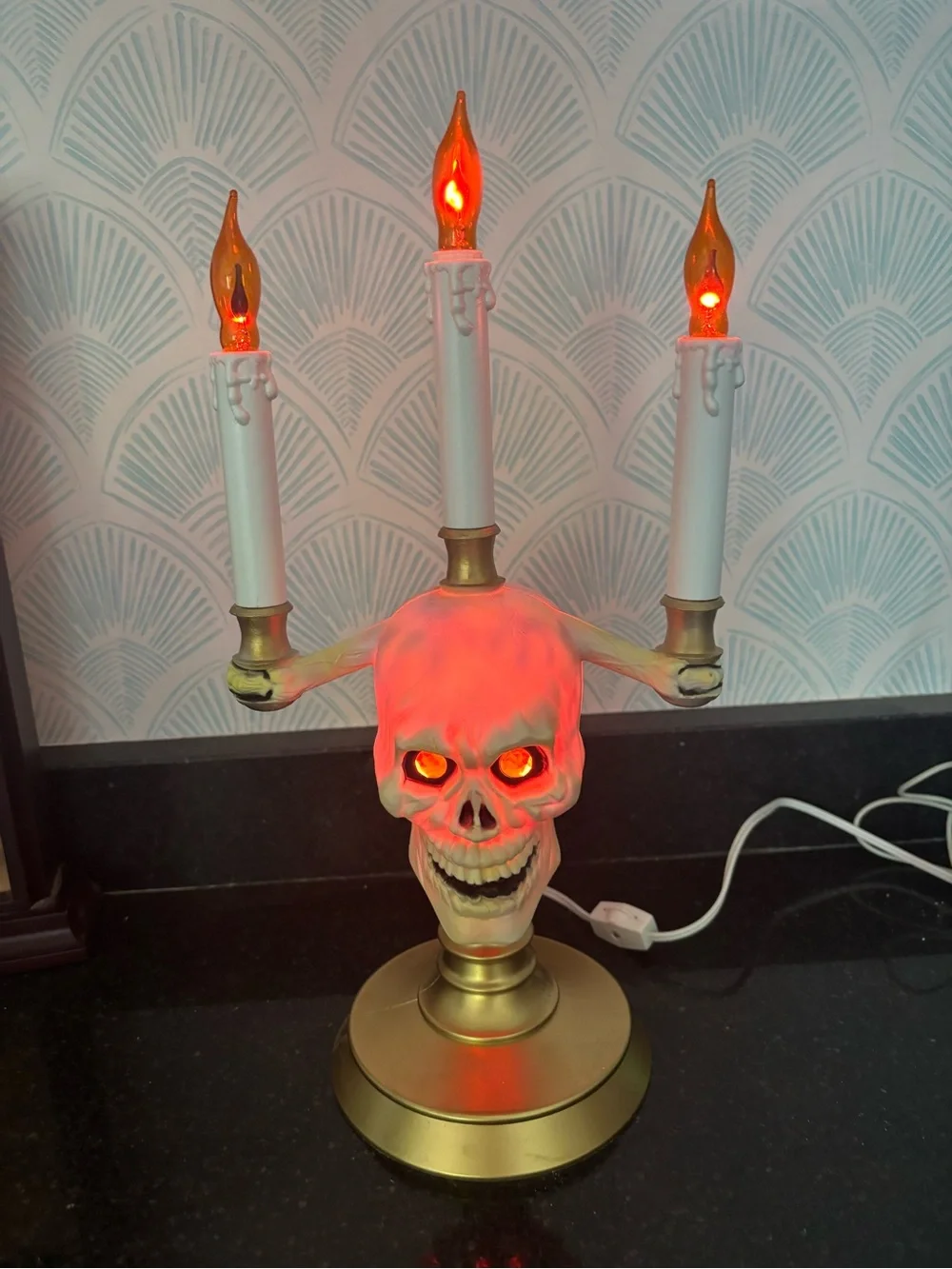 LED Skull Candelabra Table Lamp — White Skull with Gold Base